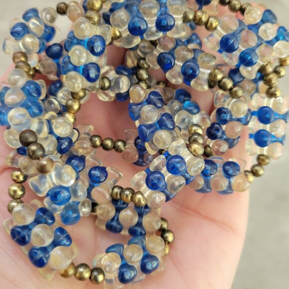 Vintage Blue Clear Plastic Bead Necklace Long Brass Spacers 32in Retro Mod Style - Picture 1 of 6